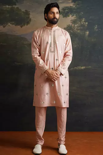 Pink embroidered pure silk kurta pajama