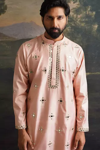 Pink embroidered pure silk kurta pajama