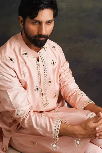 Pink embroidered pure silk kurta pajama