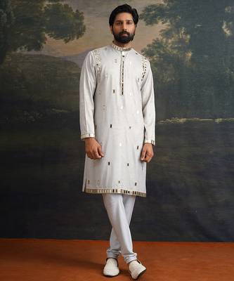 Blue embroidered satin kurta pajama 1