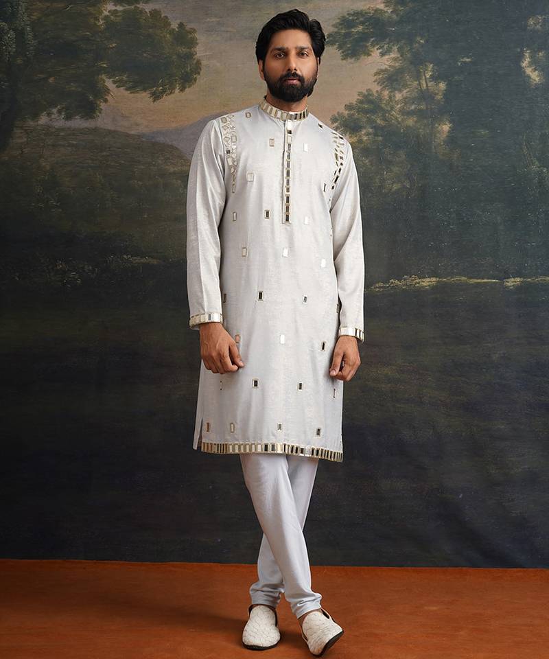 Blue embroidered satin kurta pajama