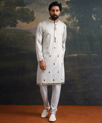 Blue embroidered satin kurta pajama 4