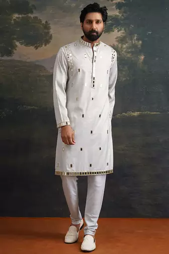 Blue embroidered satin kurta pajama