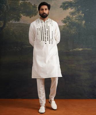 White embroidered pure silk kurta pajama 1