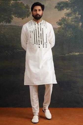 White embroidered pure silk kurta pajama