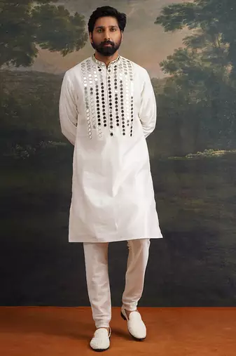 White embroidered pure silk kurta pajama