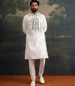 White embroidered pure silk kurta pajama