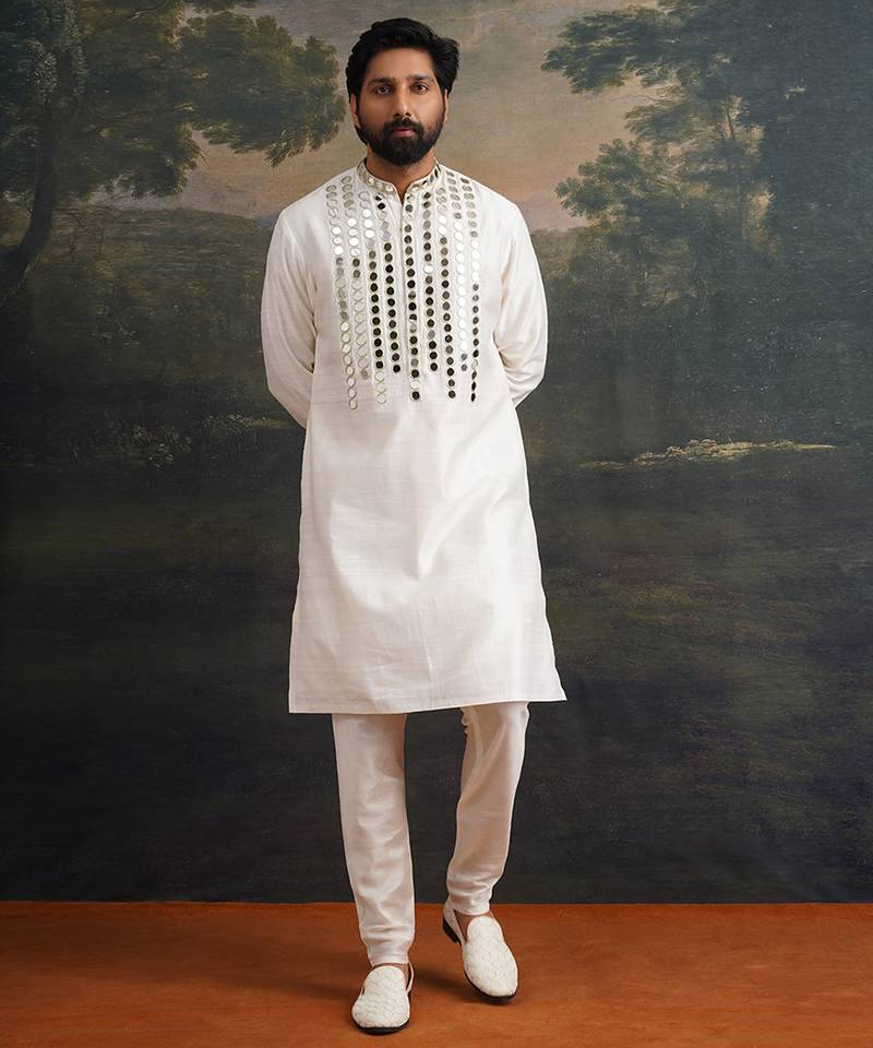 White embroidered pure silk kurta pajama