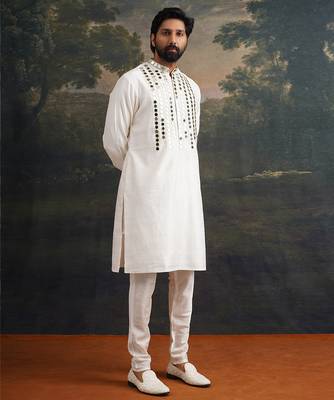 White embroidered pure silk kurta pajama 3