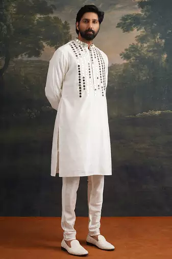 White embroidered pure silk kurta pajama
