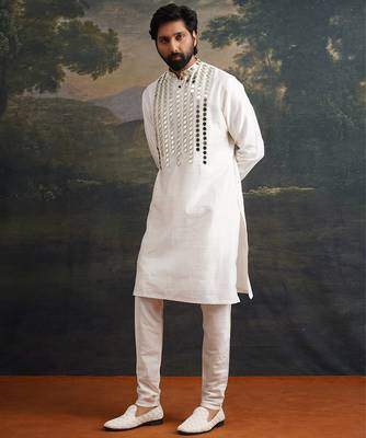 White embroidered pure silk kurta pajama 4