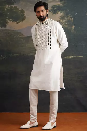 White embroidered pure silk kurta pajama