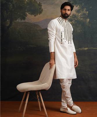 White embroidered pure silk kurta pajama 5