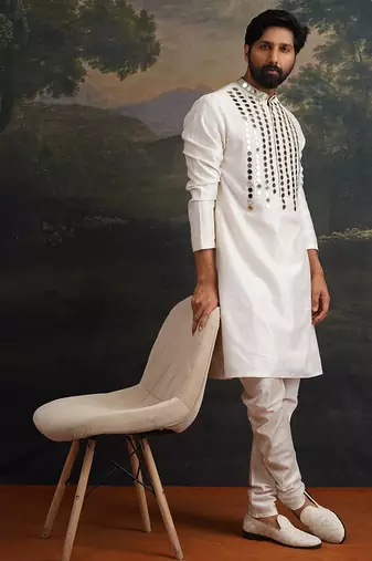 White embroidered pure silk kurta pajama