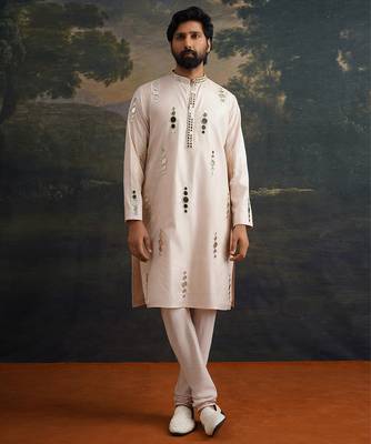 Beige embroidered pure silk kurta pajama 1