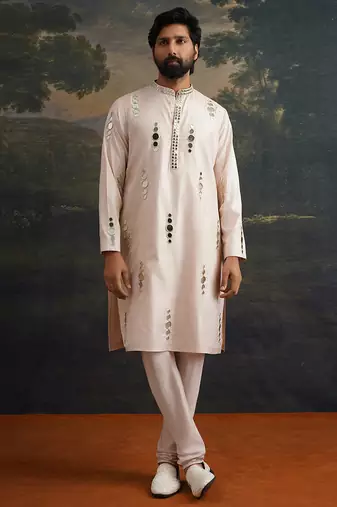 Beige embroidered pure silk kurta pajama