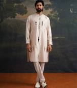 Beige embroidered pure silk kurta pajama