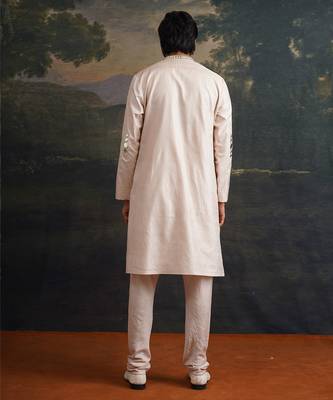 Beige embroidered pure silk kurta pajama 2