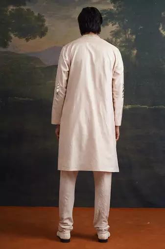 Beige embroidered pure silk kurta pajama