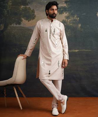 Beige embroidered pure silk kurta pajama 3