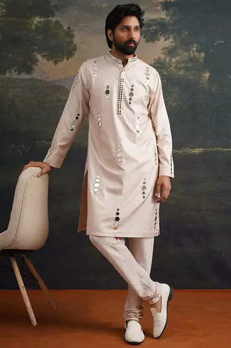 Beige embroidered pure silk kurta pajama