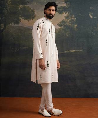 Beige embroidered pure silk kurta pajama 4