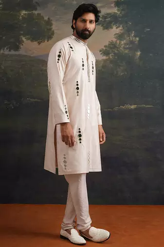 Beige embroidered pure silk kurta pajama