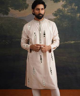 Beige embroidered pure silk kurta pajama 5