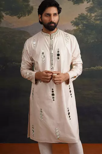 Beige embroidered pure silk kurta pajama