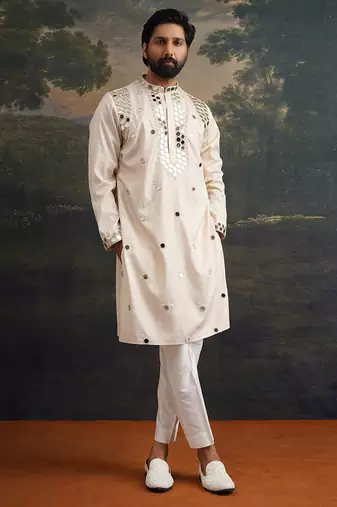 Beige embroidered pure silk kurta pajama