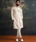 Beige embroidered pure silk kurta pajama