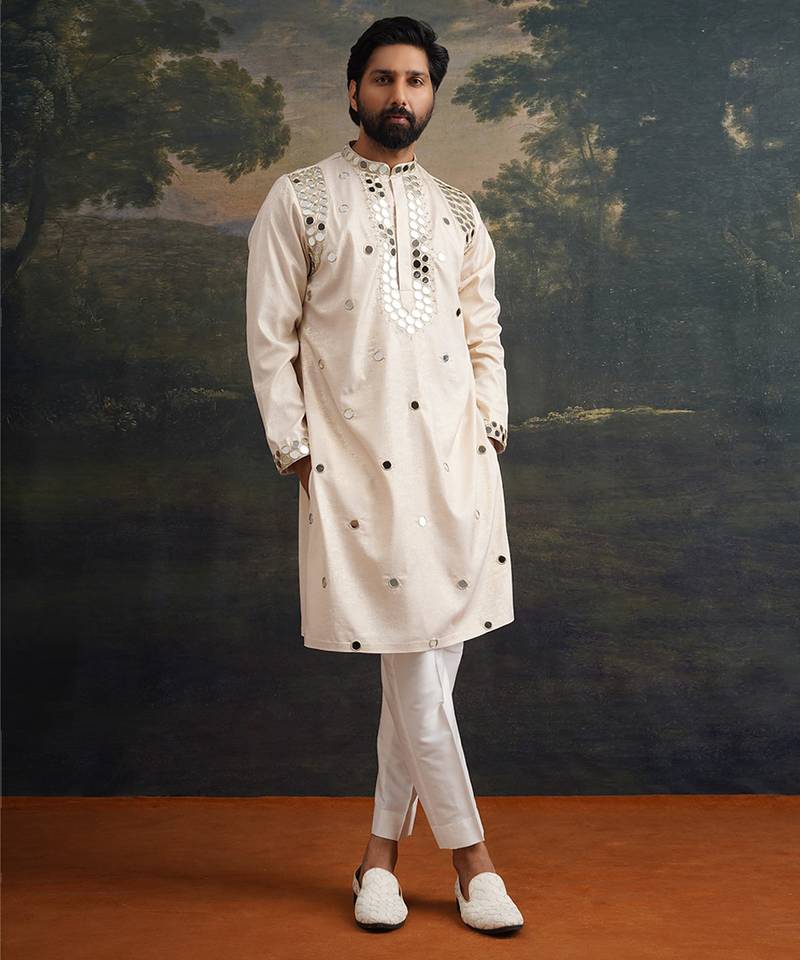 Beige embroidered pure silk kurta pajama