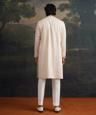 Beige embroidered pure silk kurta pajama 2