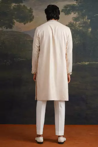 Beige embroidered pure silk kurta pajama