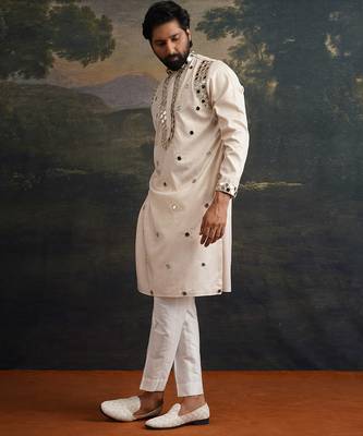 Beige embroidered pure silk kurta pajama 3