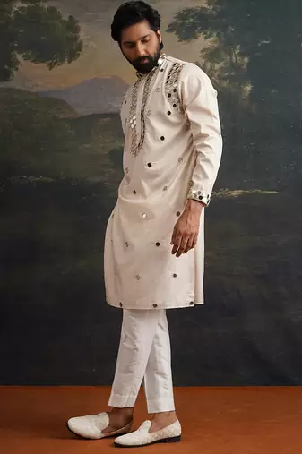 Beige embroidered pure silk kurta pajama