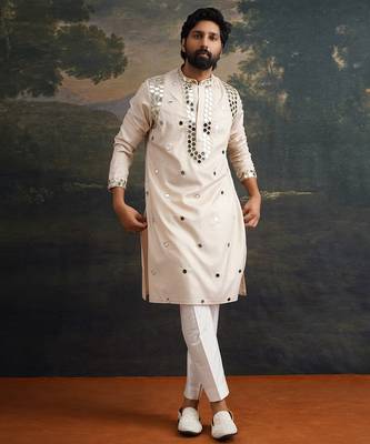 Beige embroidered pure silk kurta pajama 4