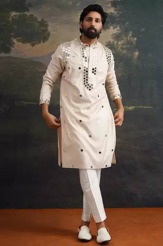 Beige embroidered pure silk kurta pajama