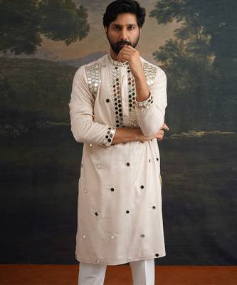 Beige embroidered pure silk kurta pajama 5