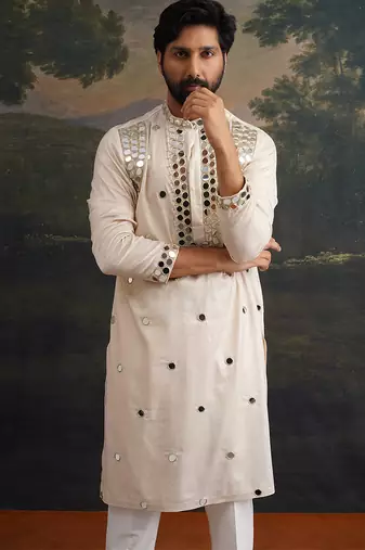 Beige embroidered pure silk kurta pajama