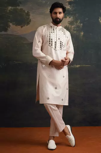Beige embroidered pure silk kurta pajama