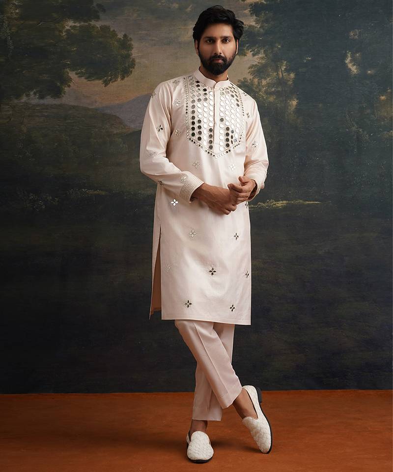 Beige embroidered pure silk kurta pajama