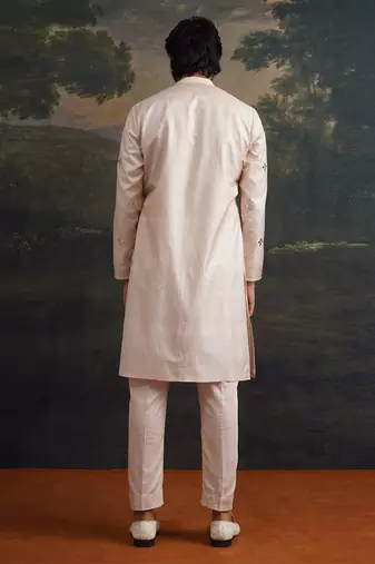 Beige embroidered pure silk kurta pajama