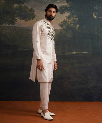 Beige embroidered pure silk kurta pajama 3