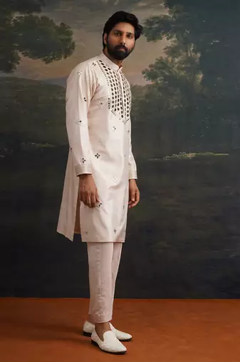 Beige embroidered pure silk kurta pajama