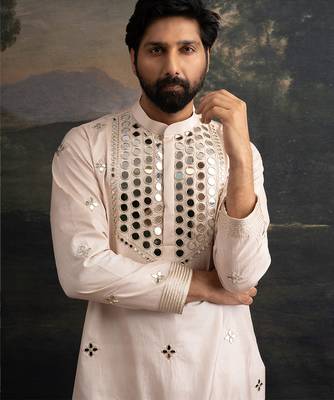 Beige embroidered pure silk kurta pajama 4