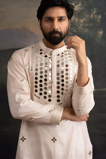 Beige embroidered pure silk kurta pajama