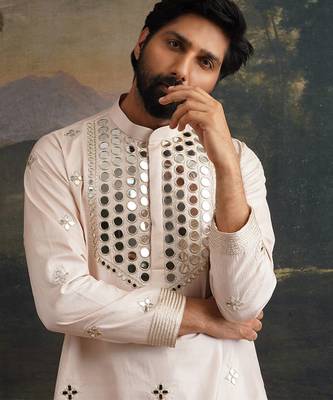 Beige embroidered pure silk kurta pajama 5