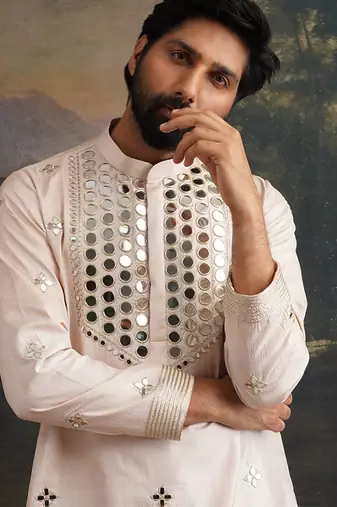 Beige embroidered pure silk kurta pajama