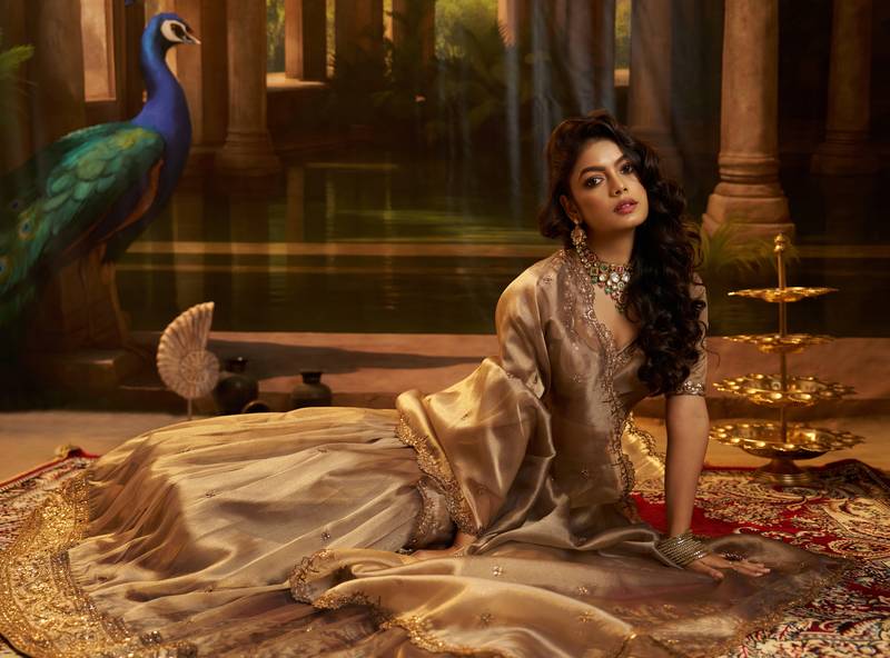 brown organza embroidered lehenga choli with dupatta